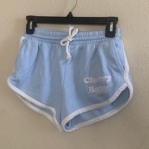Forever 21 “Cherry Baby” baby blue white trim cheeky hot/booty shorts